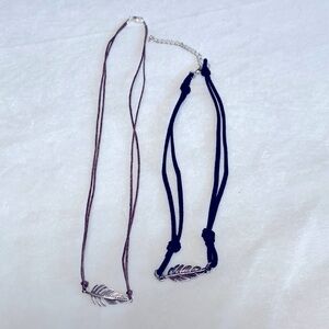 Set of Two Silver Tone Feather Cord Necklaces